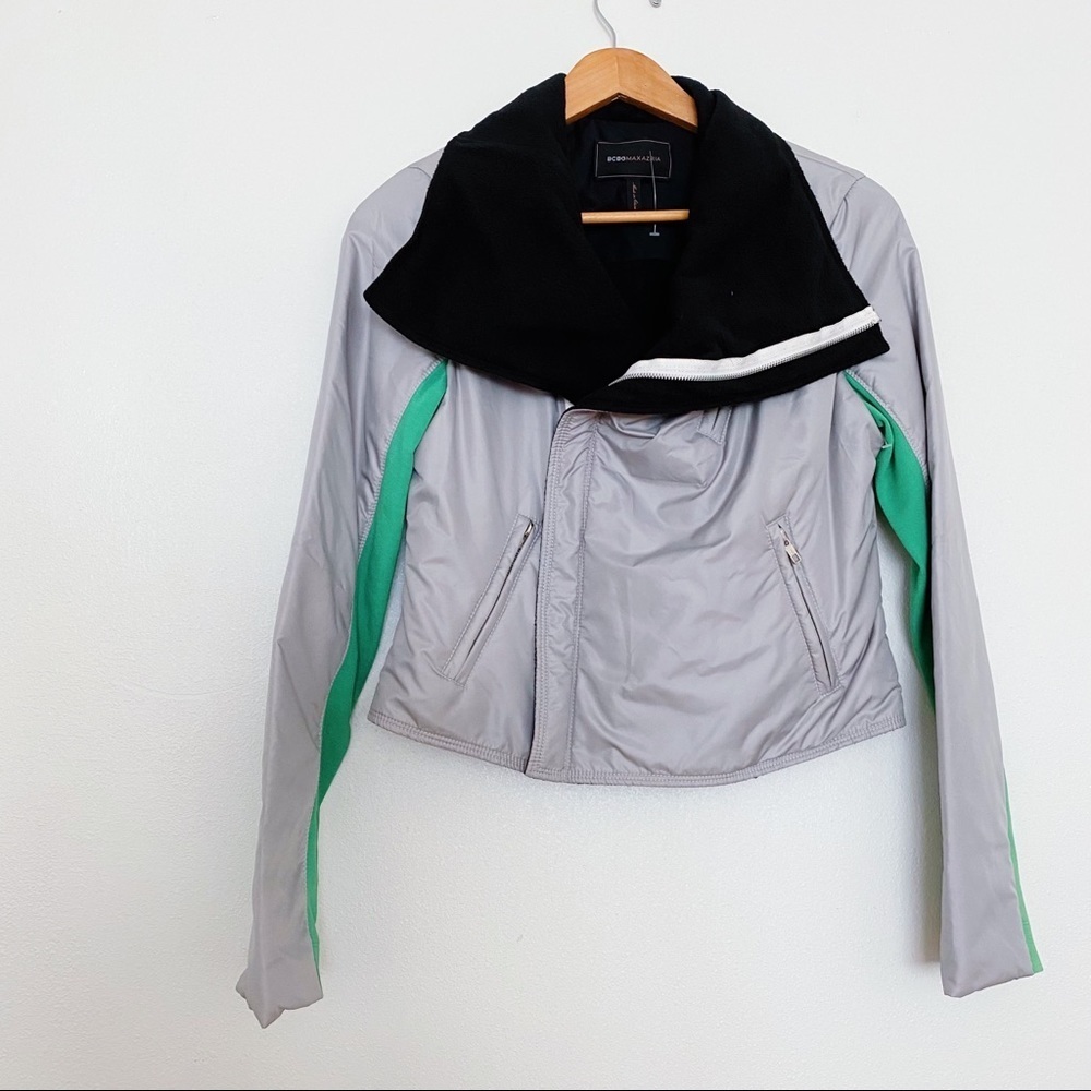 New BCBG Fleece Windbreaker Waterproof Puffer Moto Jacket Coat Green Gray S